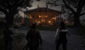 An image from the game Red Dead Redemption 2, showing multiple men approaching a dimly-lit mansion.