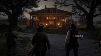An image from the game Red Dead Redemption 2, showing multiple men approaching a dimly-lit mansion.