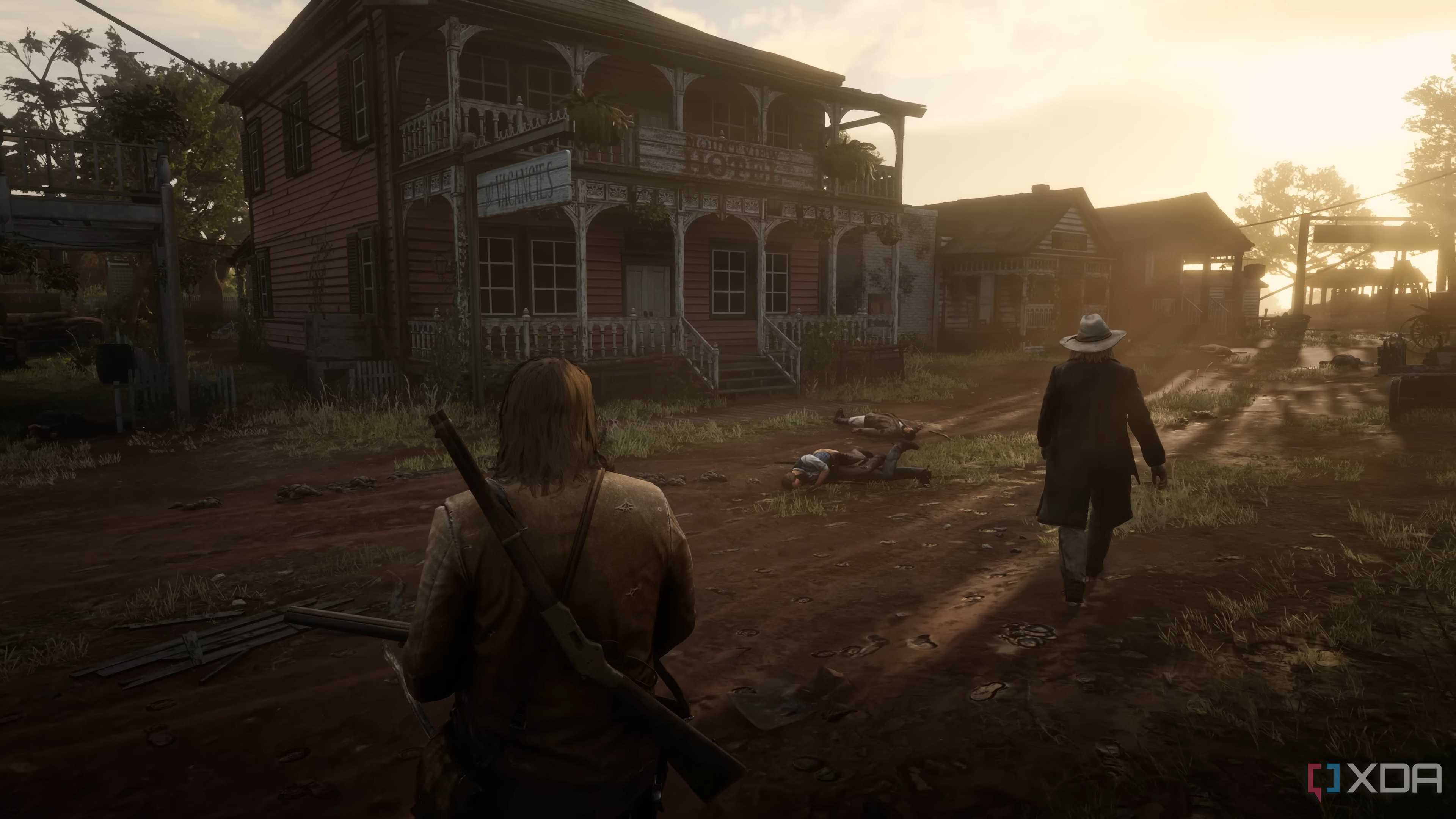 An image from the game Red Dead Redemption 2, showing two men at dusk.