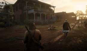 An image from the game Red Dead Redemption 2, showing two men at dusk.