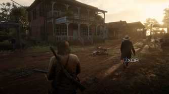 An image from the game Red Dead Redemption 2, showing two men at dusk.