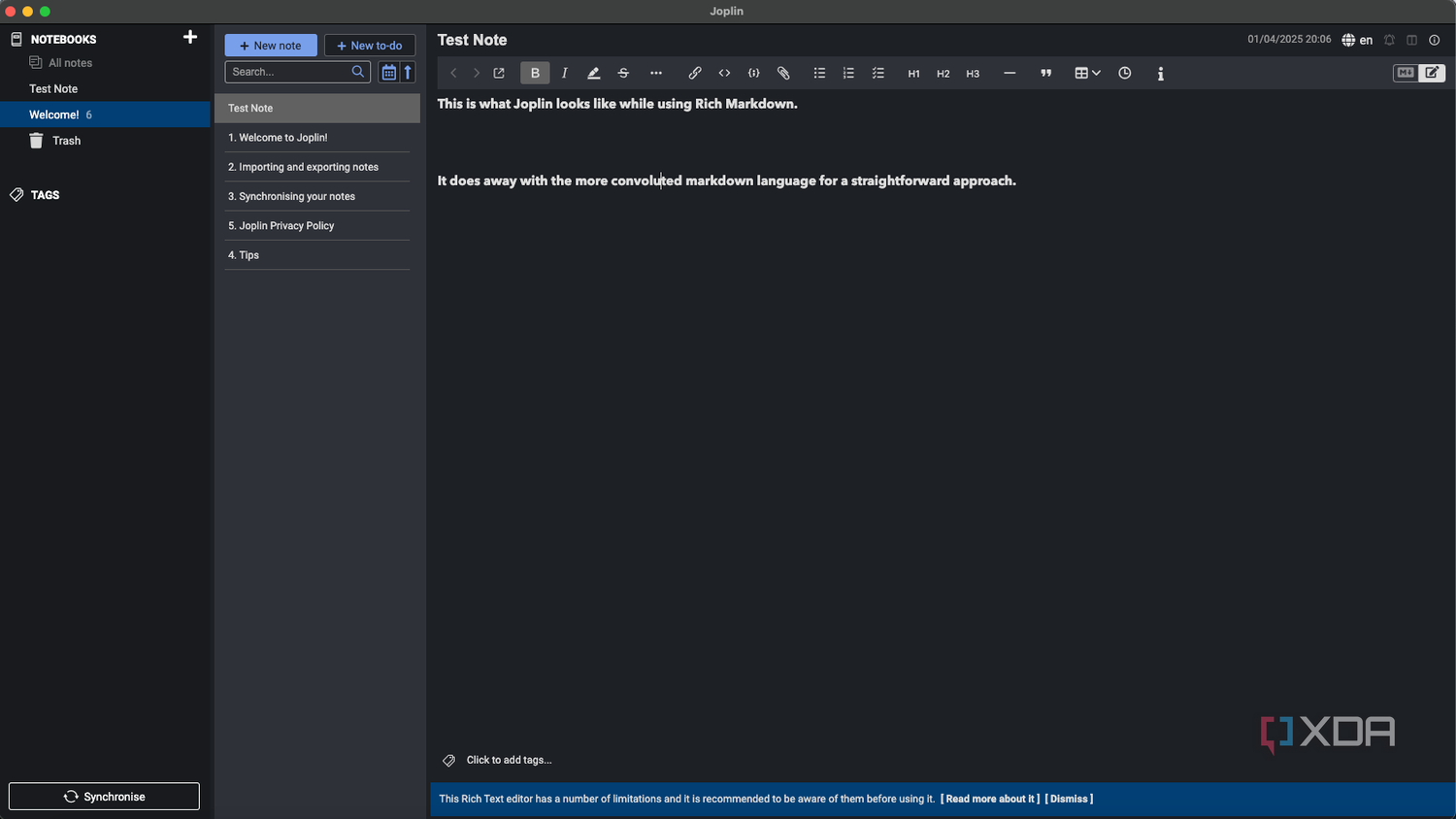 A screenshot of Joplin while using the Rich Markdown plugin.