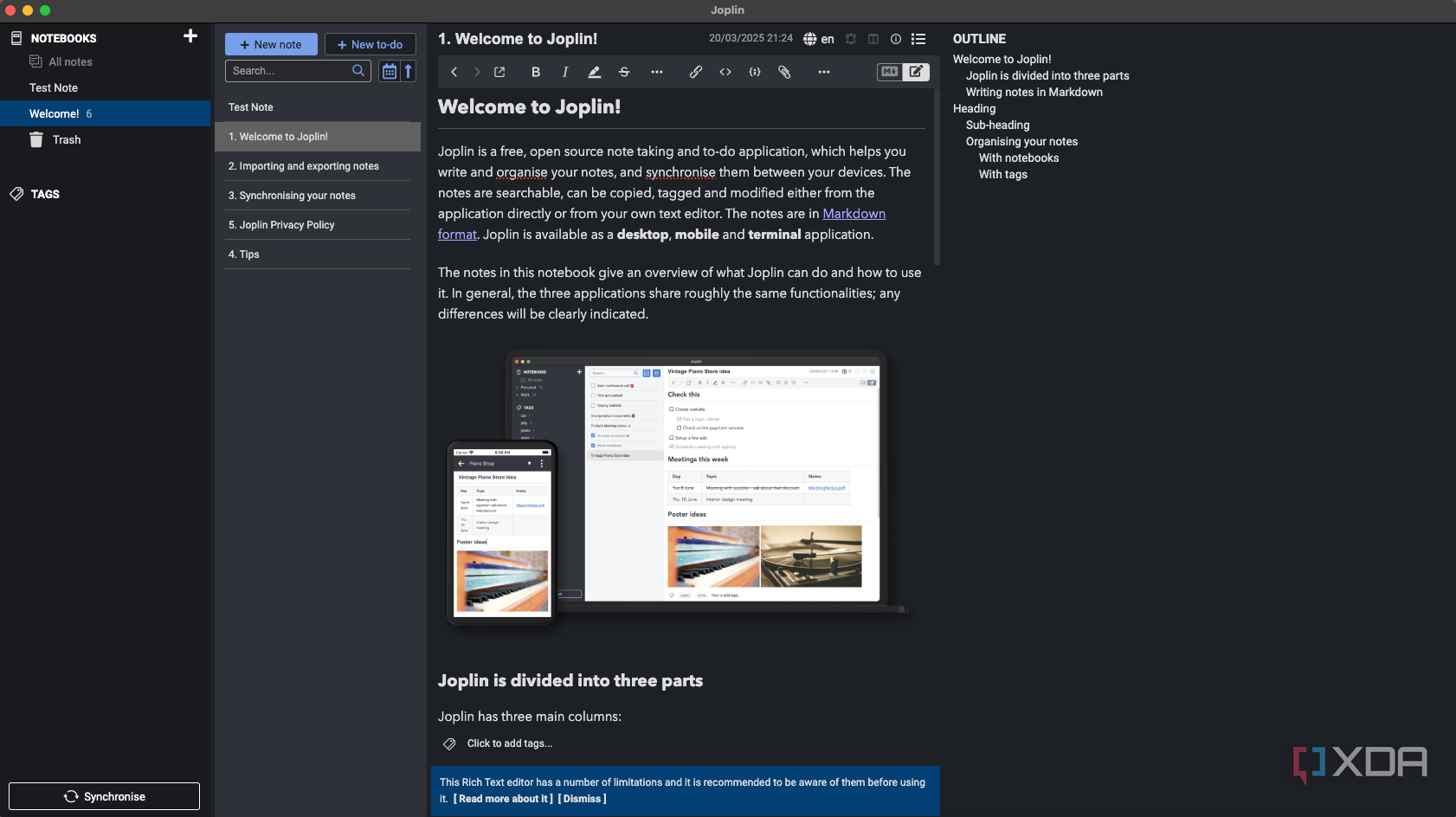A screenshot of Joplin using the Outline plugin.