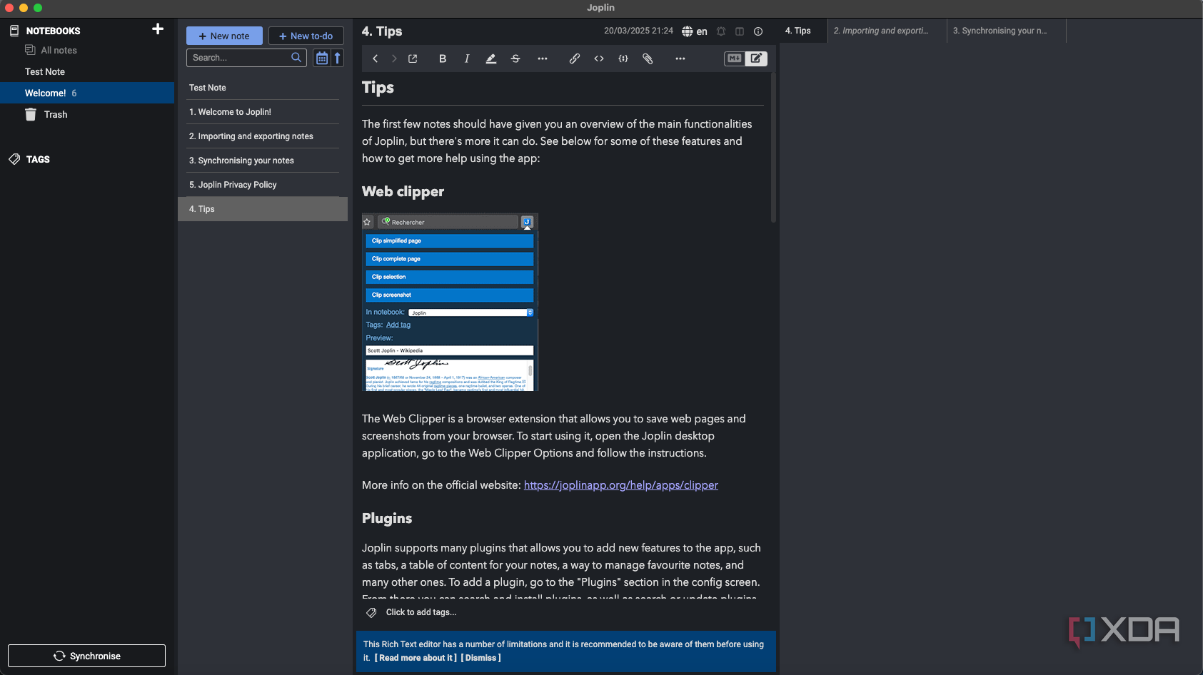 A screenshot of Joplin with the Note Tabs plugin. 