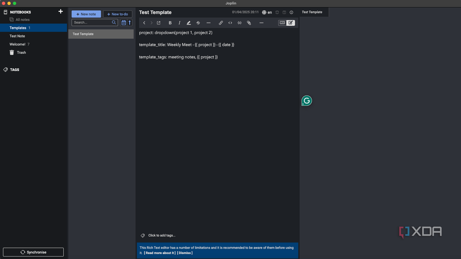 A screenshot of Joplin using the Templates plugin.