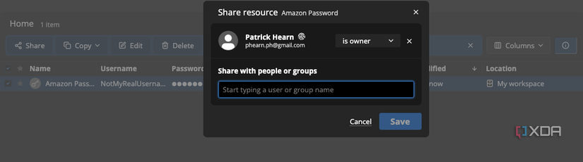An example of how to share a password on Passbolt. 