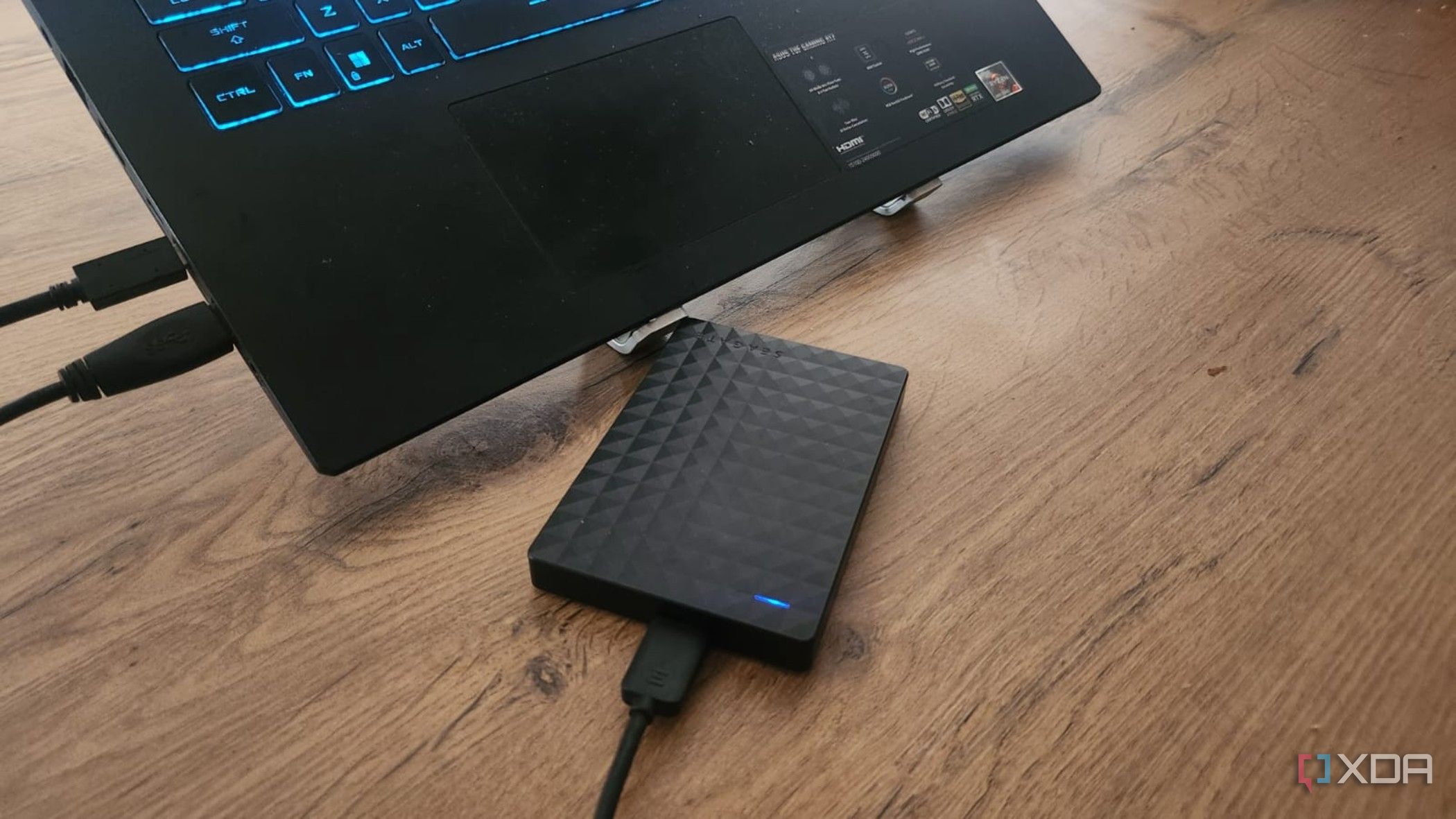Seagate external SSD connected to a Windows laptop on a desk