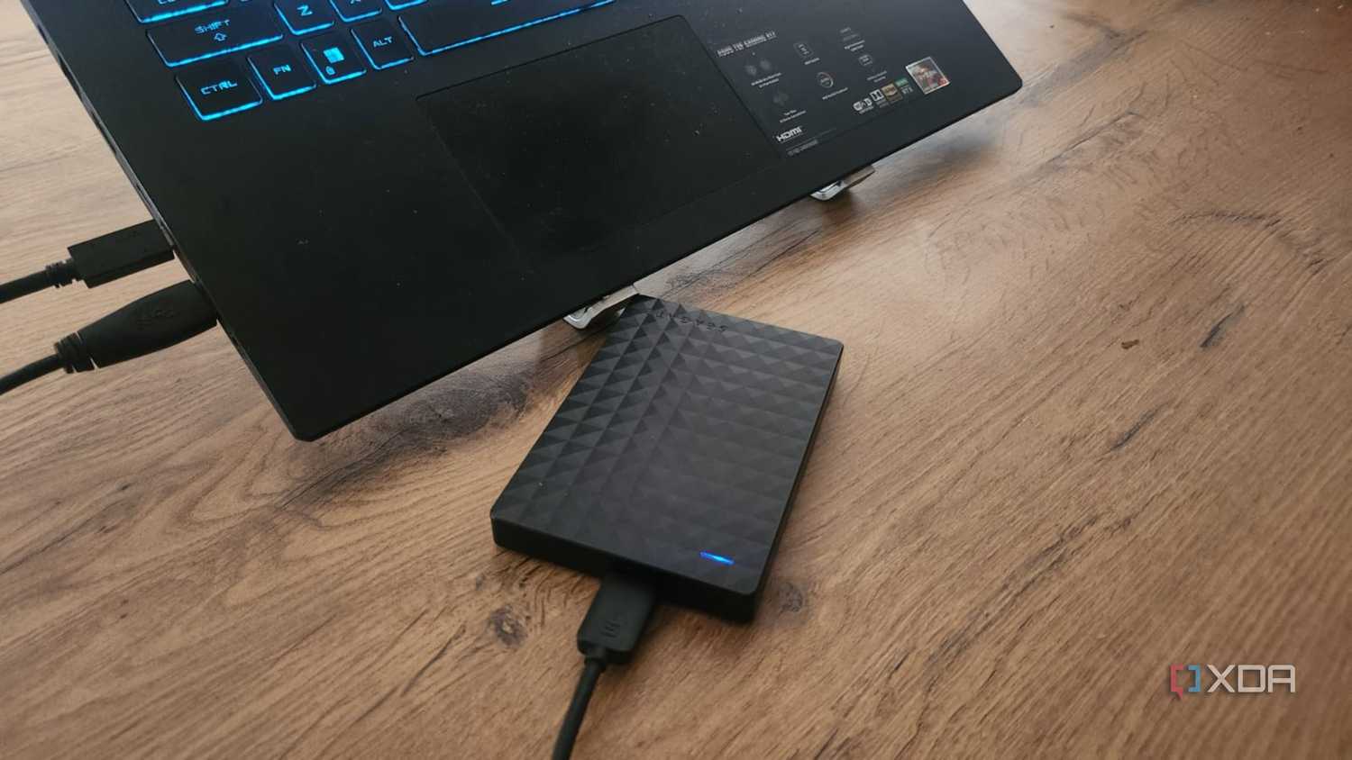 Seagate external SSD connected to a Windows laptop on a desk