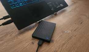 Seagate external SSD connected to a Windows laptop on a desk