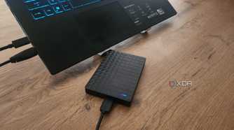 Seagate external SSD connected to a Windows laptop on a desk