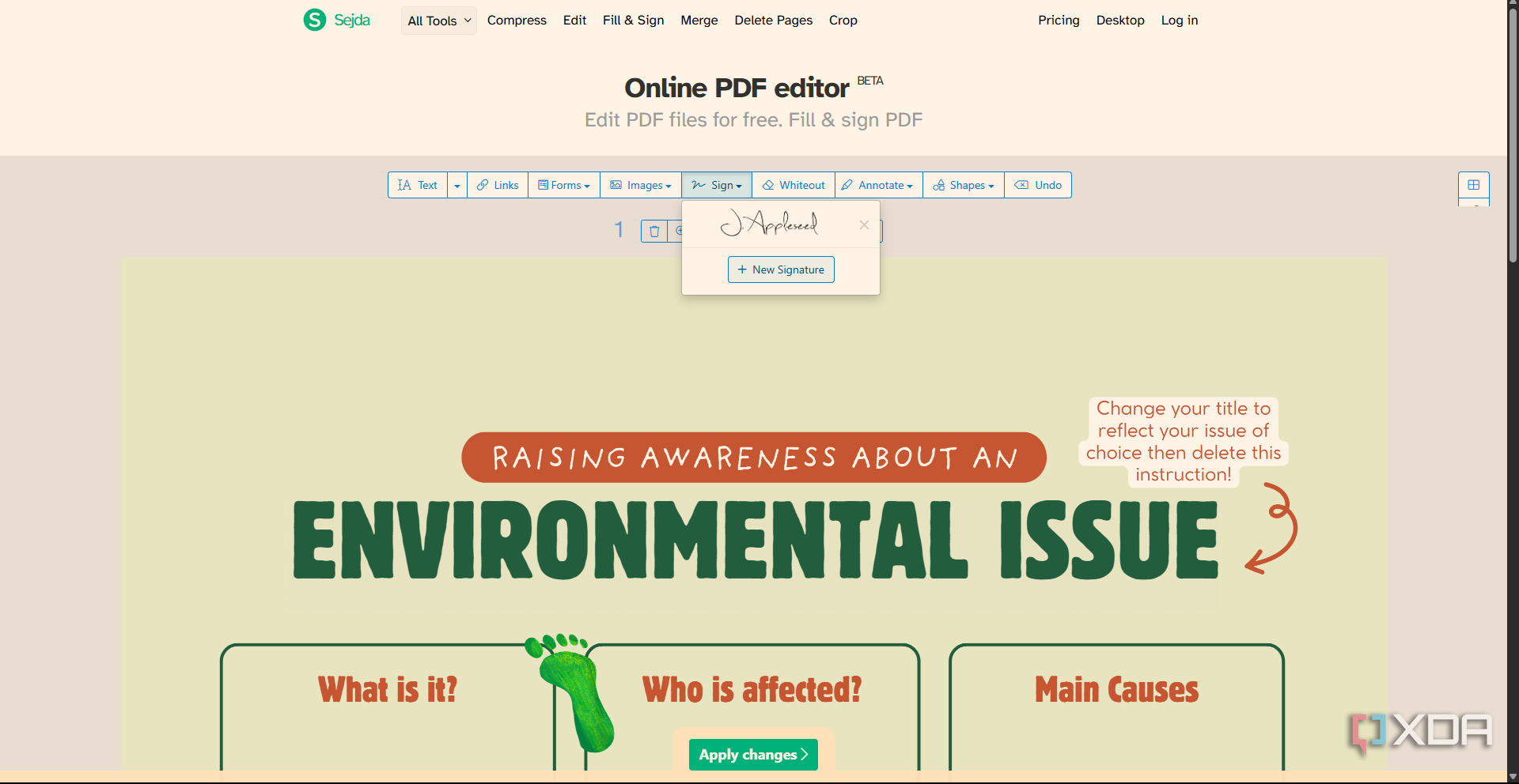Sejda PDF Editor add signature