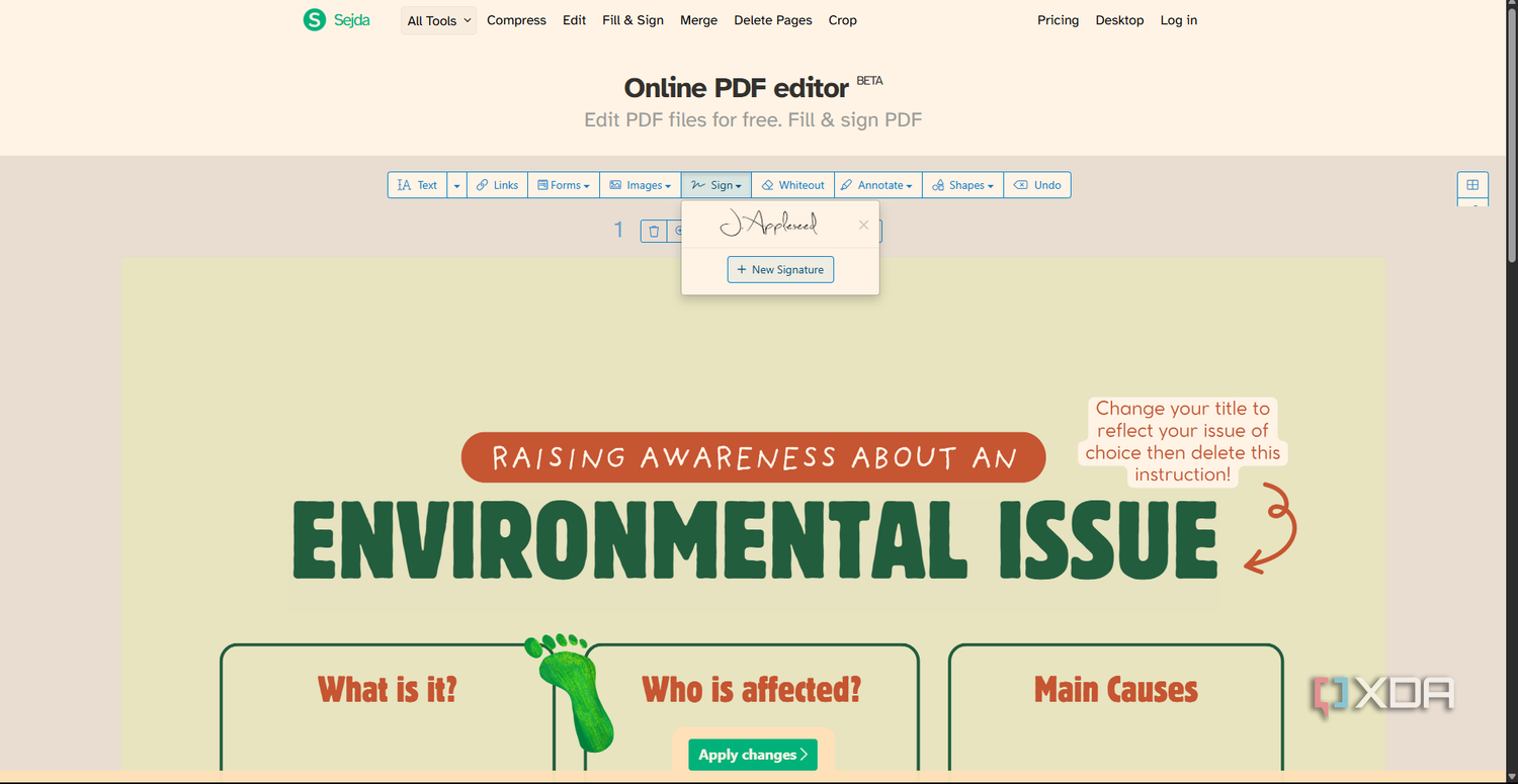 Sejda PDF Editor add signature
