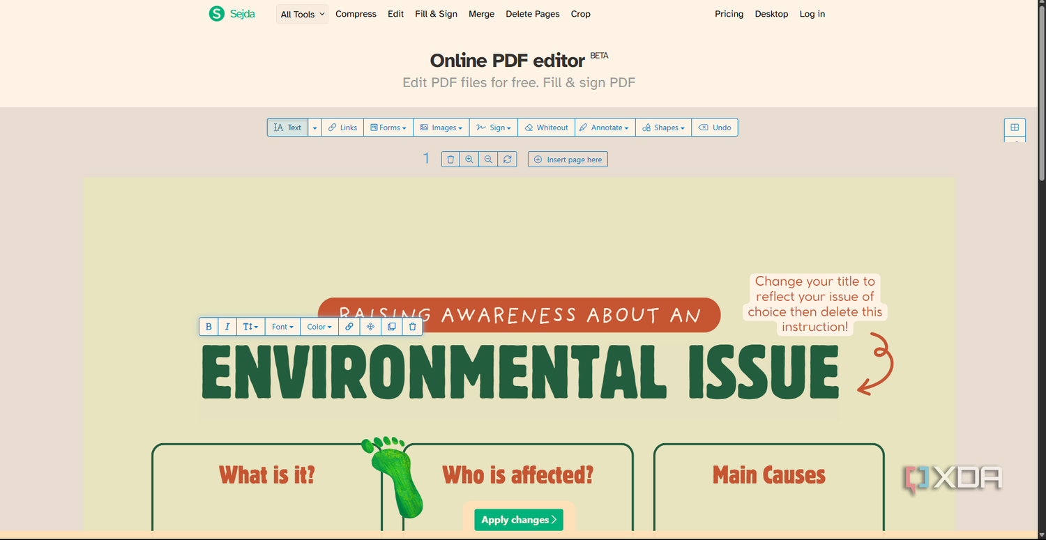 Sejda PDF Editor select text