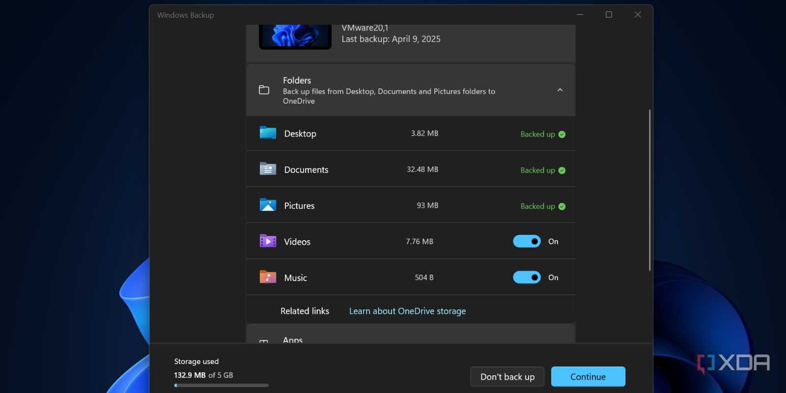 Screenshot of folder settings in Windows Backup app