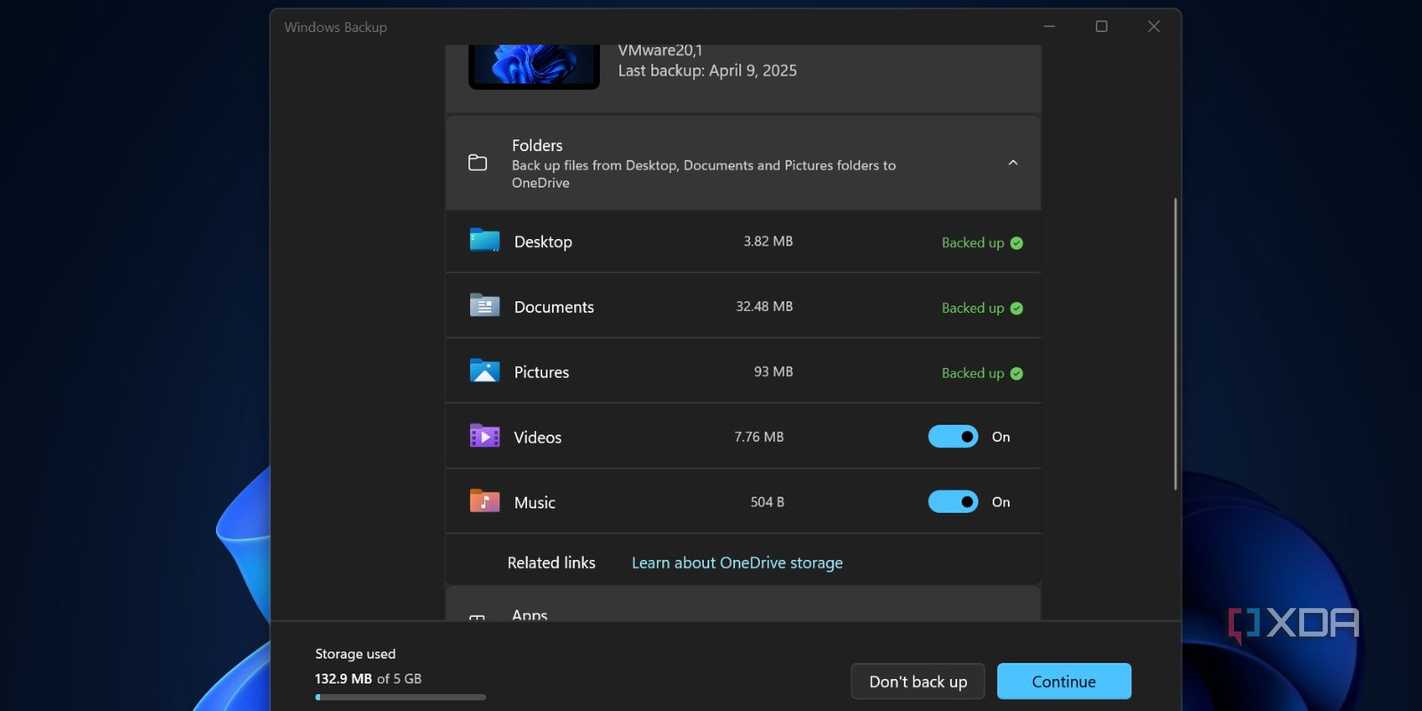 Screenshot of folder settings in Windows Backup app