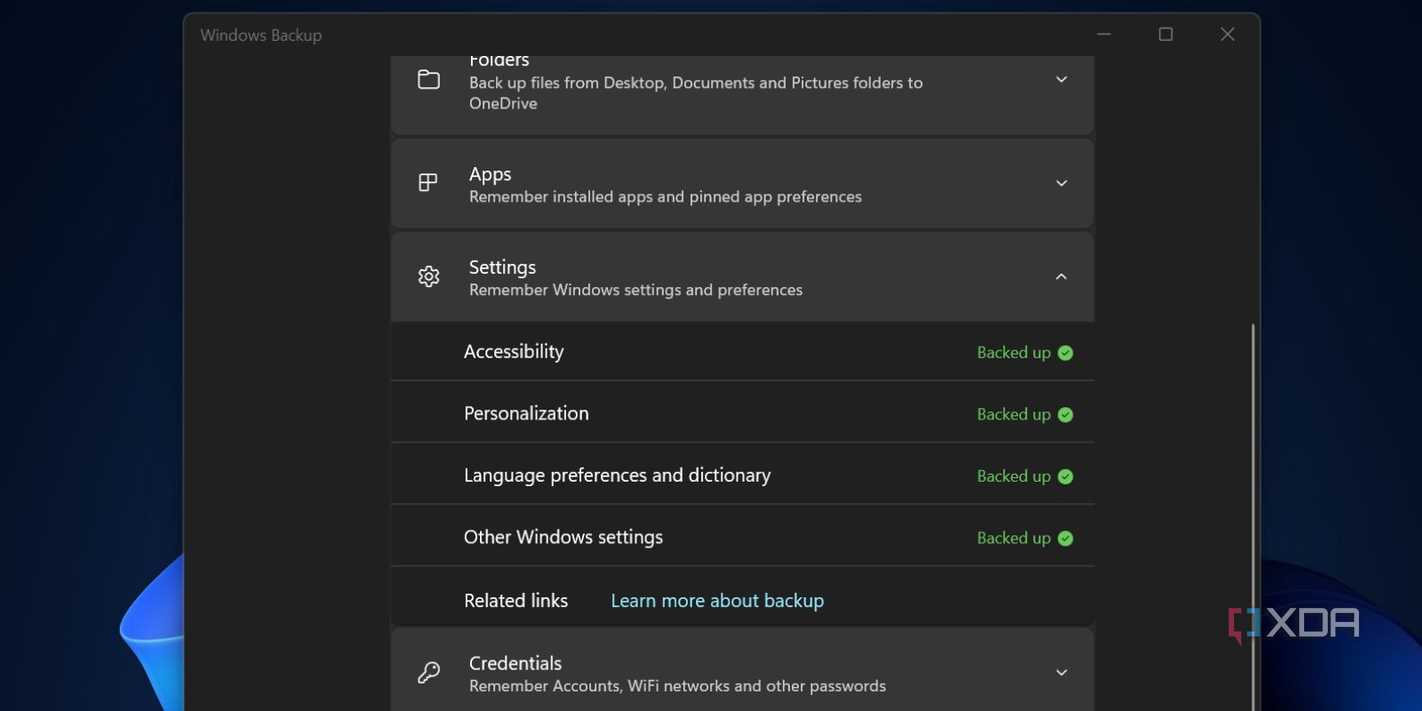Screenshot of Windows Backup app settings option