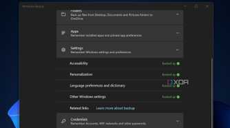 Screenshot of Windows Backup app settings option