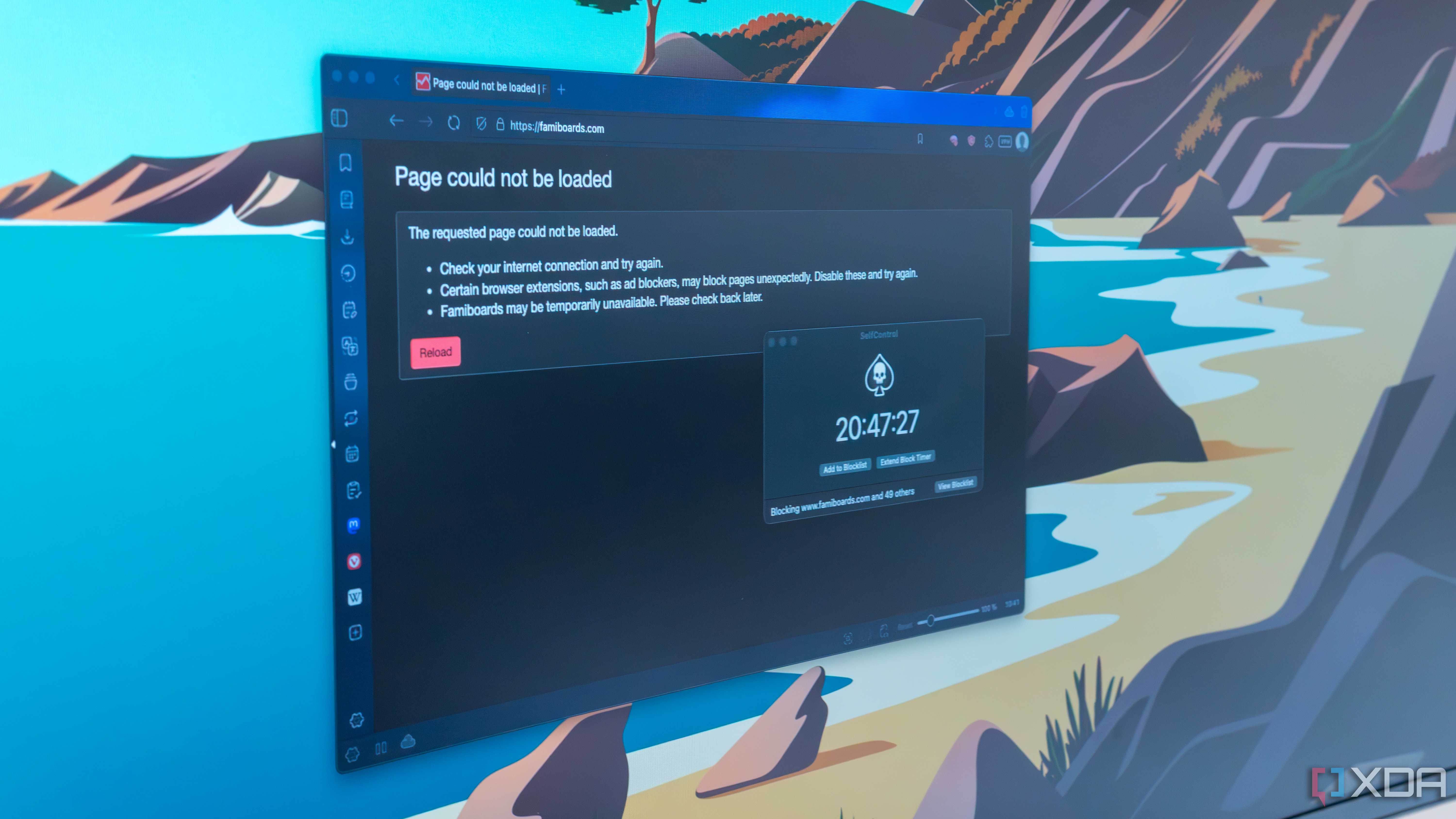 Close-up of a display showing a SelfControl timer and a website failing to load due to being blocked