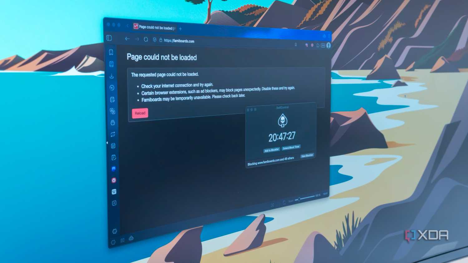 Close-up of a display showing a SelfControl timer and a website failing to load due to being blocked
