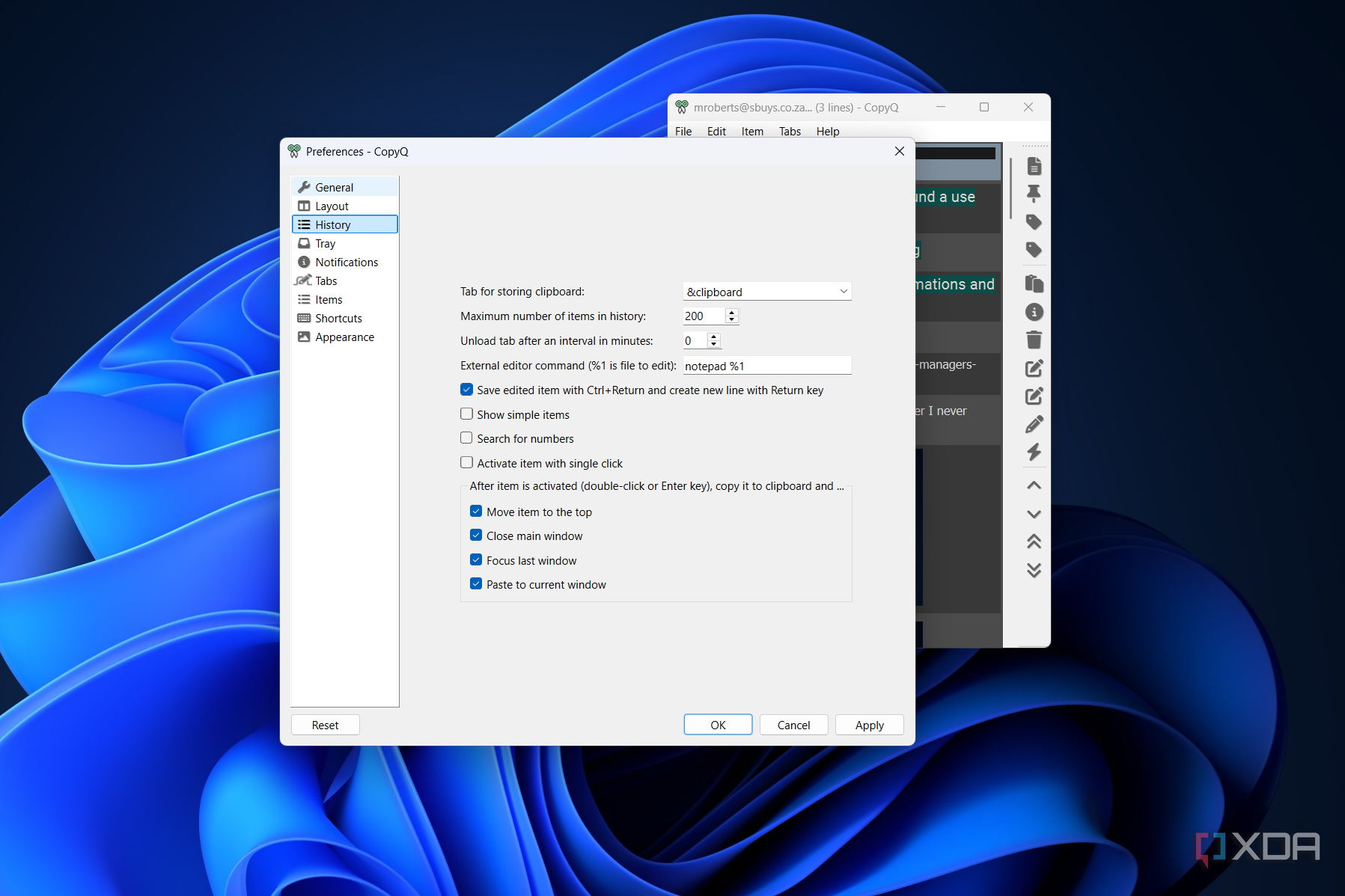 setting clipboard history in copyq