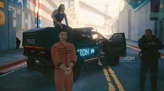 A screenshot from Cyberpunk 2077, showing a man in an orange jumpsuit, and another man sitting atop a police vehicle.