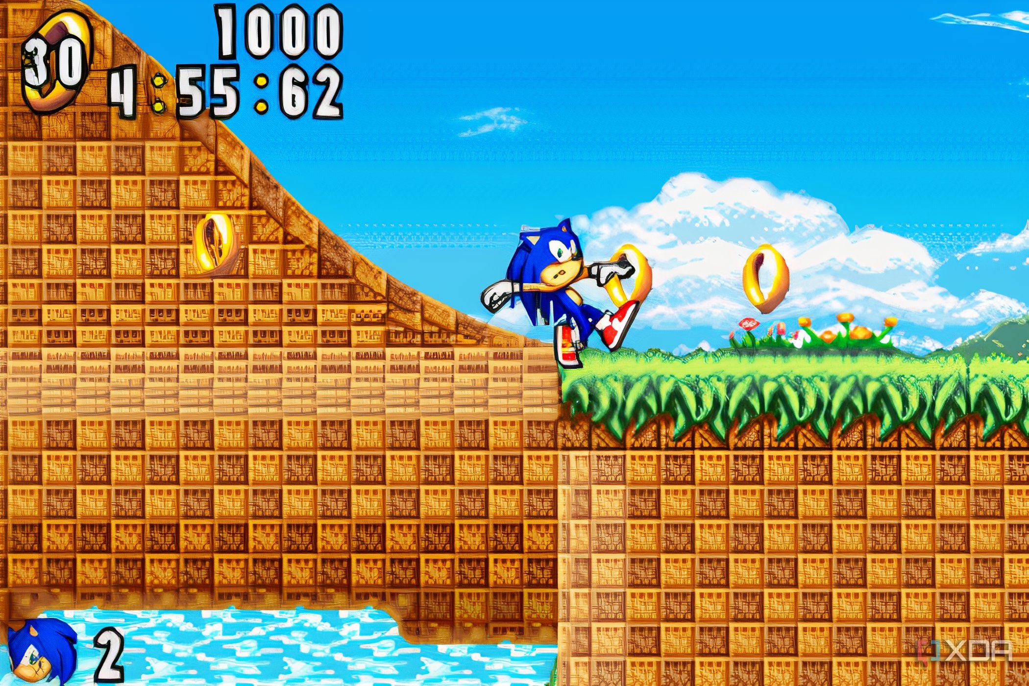 A screenshot from the game "Sonic Advance", showing Sonic hovering right at the edge of a cliff.