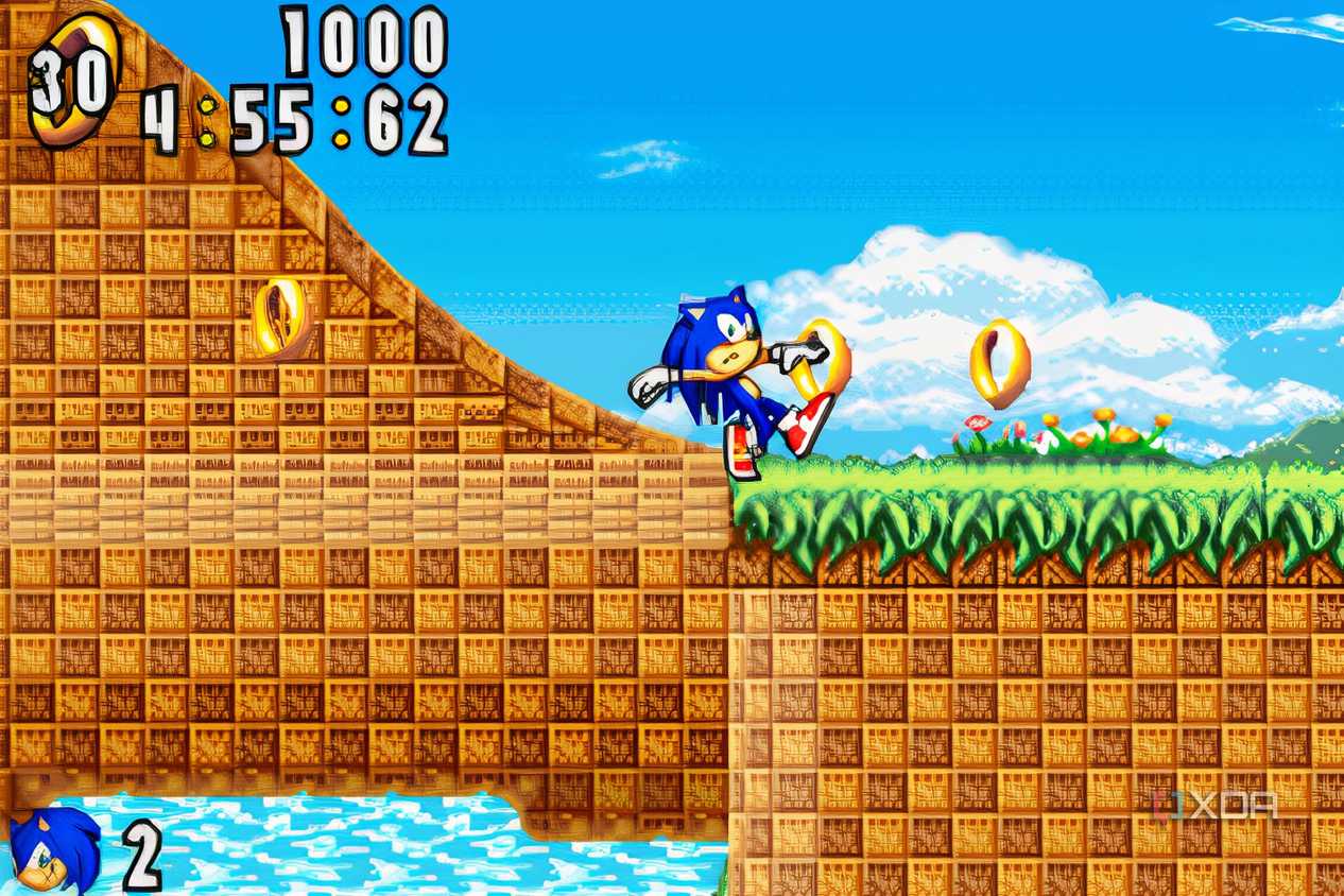 A screenshot from the game "Sonic Advance", showing Sonic hovering right at the edge of a cliff.
