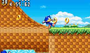 A screenshot from the game "Sonic Advance", showing Sonic hovering right at the edge of a cliff.