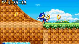 A screenshot from the game "Sonic Advance", showing Sonic hovering right at the edge of a cliff.