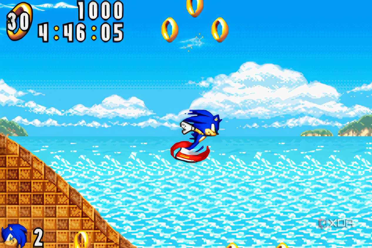 A screenshot from the game "Sonic Advance", showing Sonic running in mid-air.