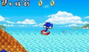 A screenshot from the game "Sonic Advance", showing Sonic running in mid-air.
