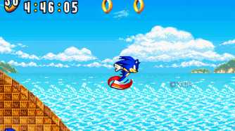 A screenshot from the game "Sonic Advance", showing Sonic running in mid-air.