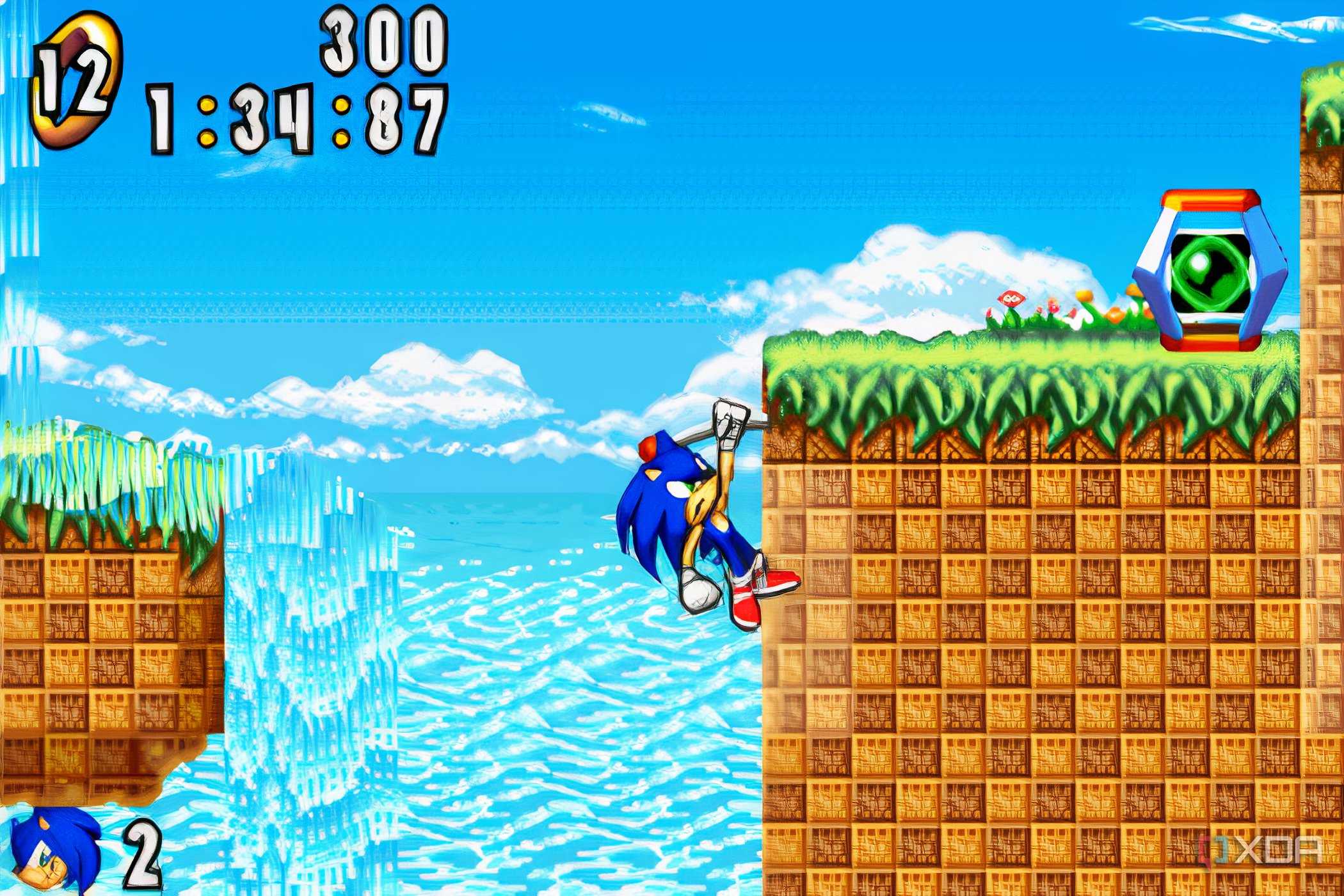 A screenshot from the game "Sonic Advance", showing Sonic grabbing onto a pole jutting out of a cliff wall.