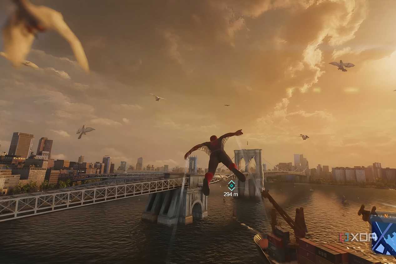 A screenshot from Marvel's Spider-Man 2, showing Spider-Man gliding across the East River with pigeons around him.