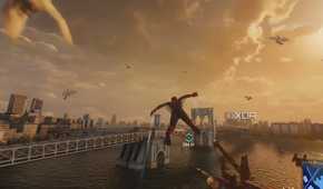 A screenshot from Marvel's Spider-Man 2, showing Spider-Man gliding across the East River with pigeons around him.