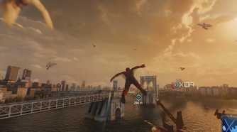 A screenshot from Marvel's Spider-Man 2, showing Spider-Man gliding across the East River with pigeons around him.