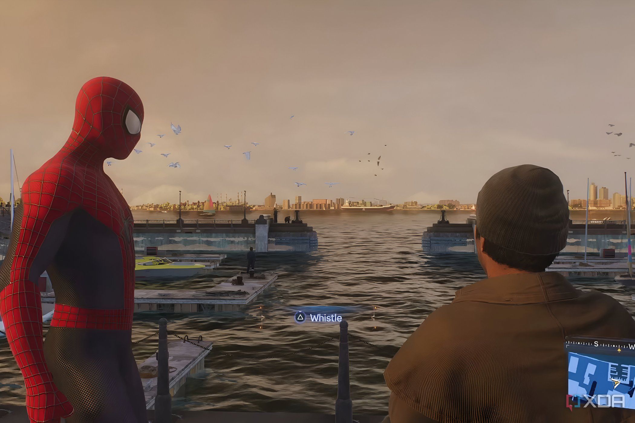 A screenshot from Marvel's Spider-Man 2, showing Spider-Man standing next to a man next to the riverfront.