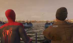 A screenshot from Marvel's Spider-Man 2, showing Spider-Man sitting down at the riverfront with a friend.