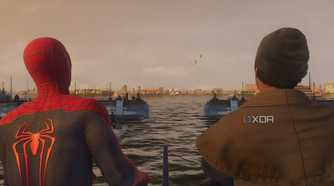 A screenshot from Marvel's Spider-Man 2, showing Spider-Man sitting down at the riverfront with a friend.