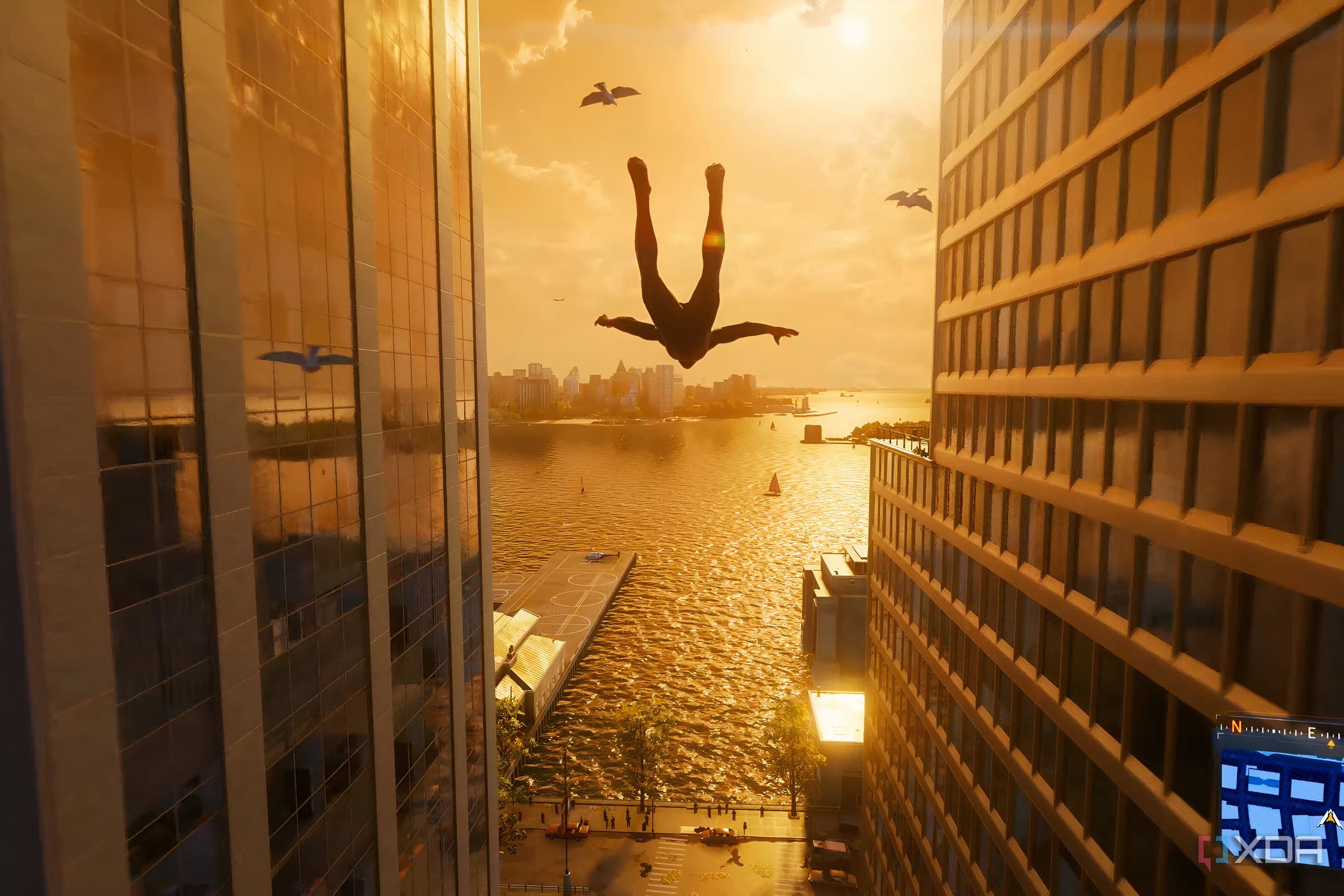 A screenshot from Marvel's Spider-Man 2, showing Spider-Man swinging through the city with pigeons following him.