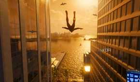 A screenshot from Marvel's Spider-Man 2, showing Spider-Man swinging through the city with pigeons following him.