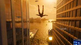 A screenshot from Marvel's Spider-Man 2, showing Spider-Man swinging through the city with pigeons following him.