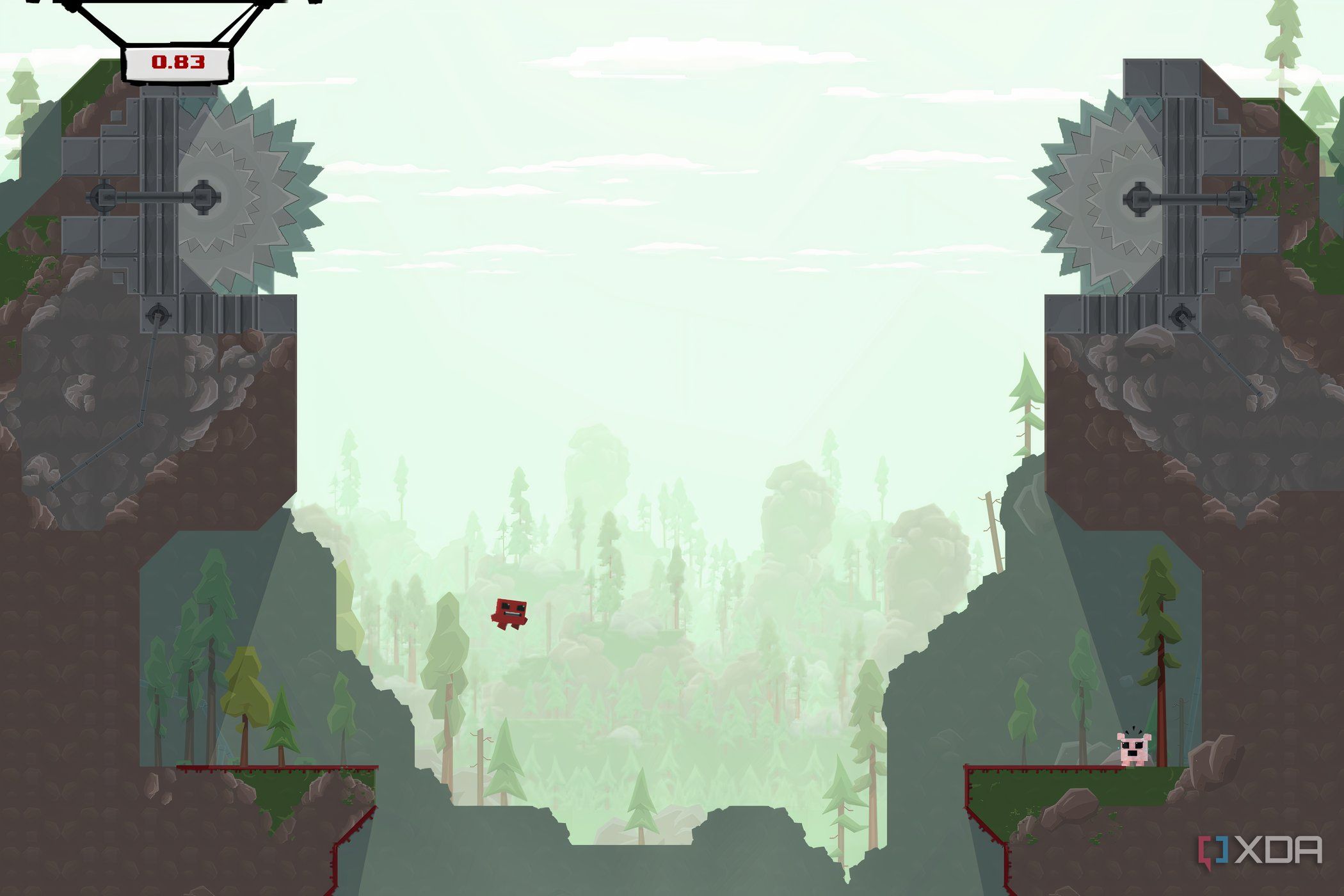 An image from the game "Super Meat Boy", showing a red character trying to jump across a huge chasm towards a pink character.