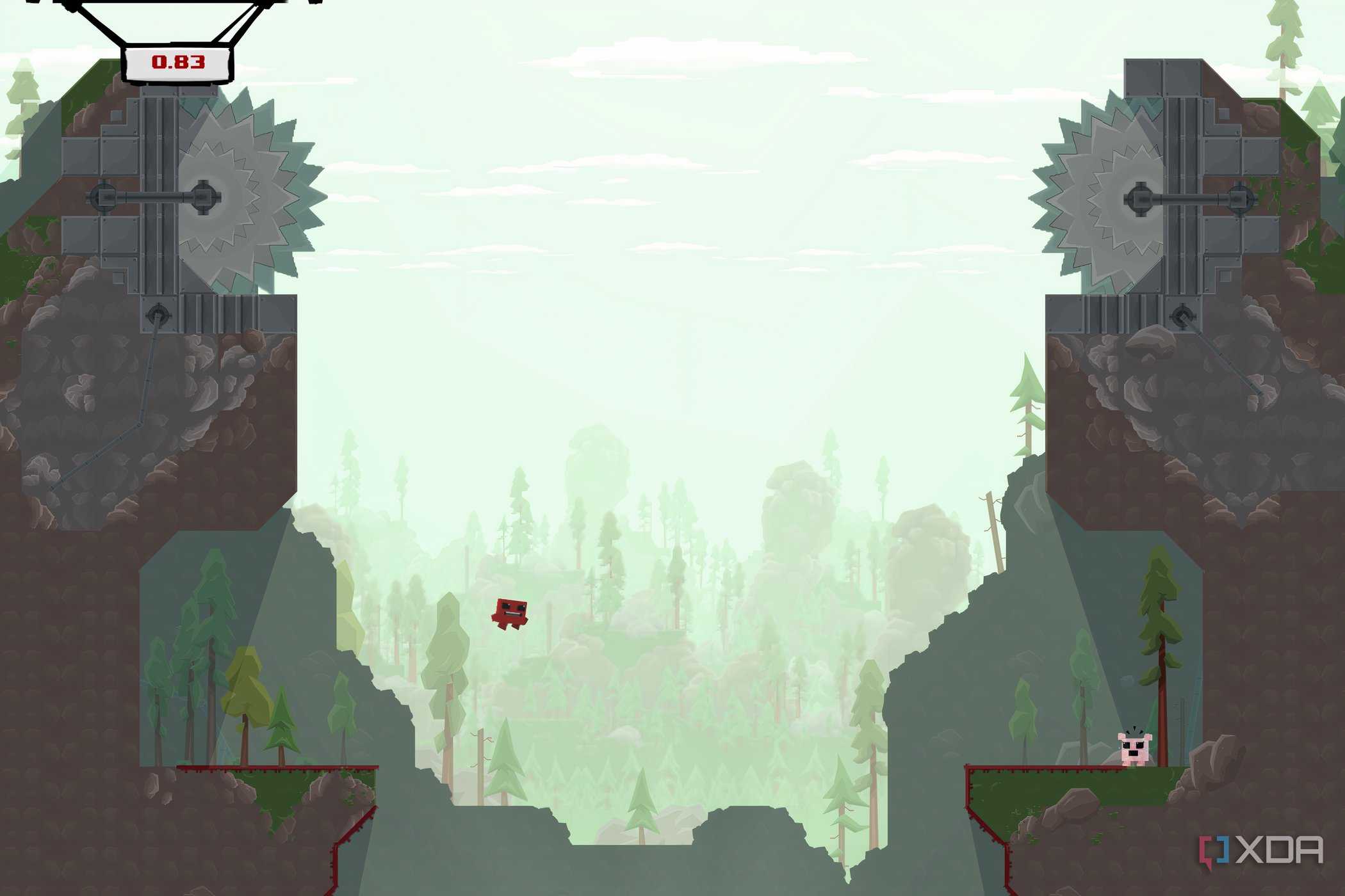 An image from the game "Super Meat Boy", showing a red character trying to jump across a huge chasm towards a pink character.