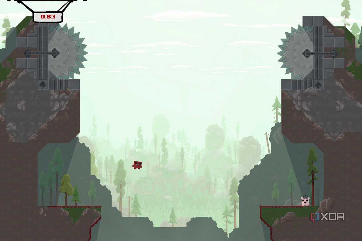 An image from the game "Super Meat Boy", showing a red character trying to jump across a huge chasm towards a pink character.