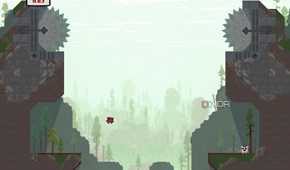 An image from the game "Super Meat Boy", showing a red character trying to jump across a huge chasm towards a pink character.