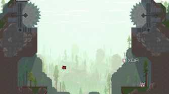 An image from the game "Super Meat Boy", showing a red character trying to jump across a huge chasm towards a pink character.
