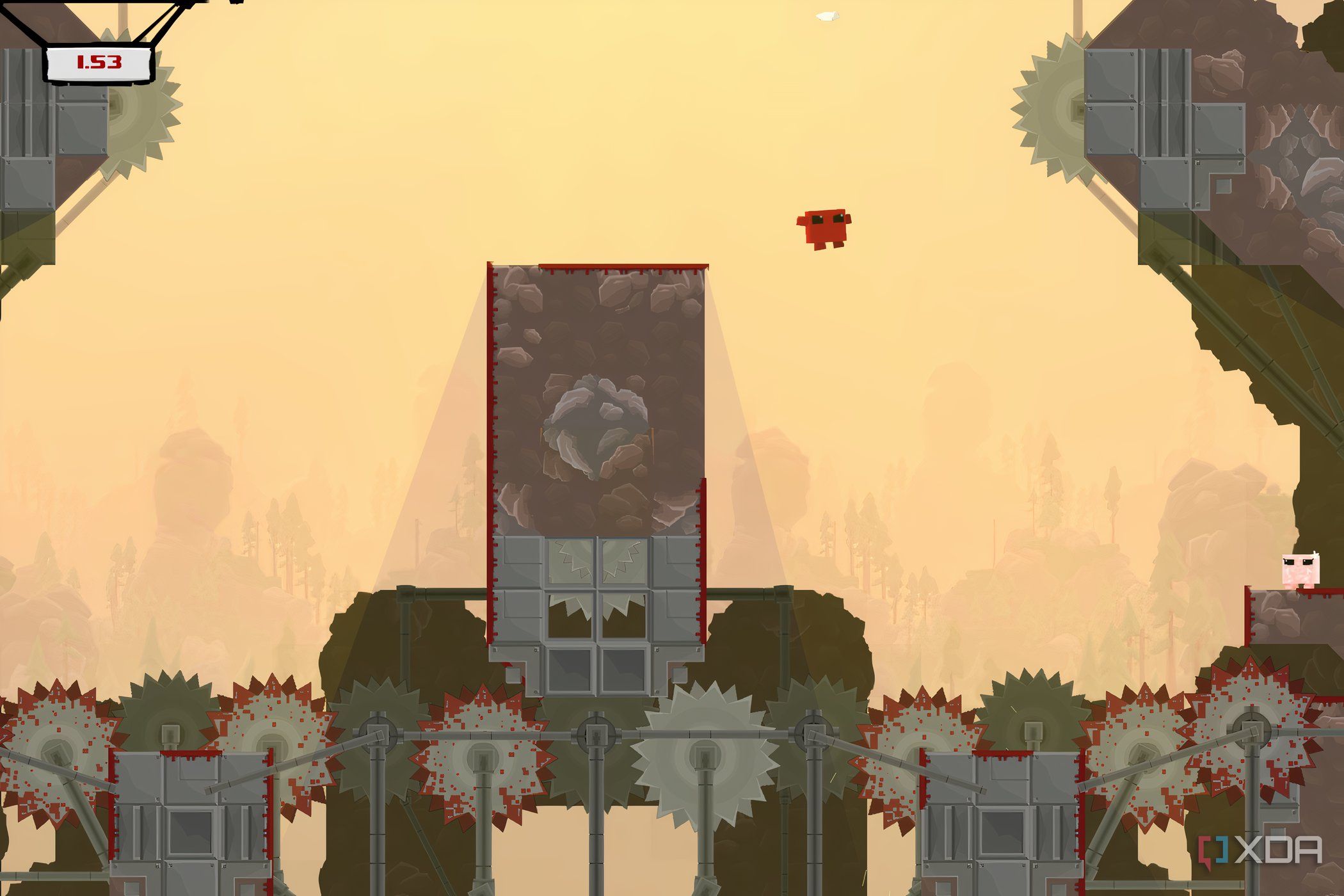 An image from the game "Super Meat Boy", showing a red character jumping towards a pink character.