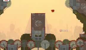 An image from the game "Super Meat Boy", showing a red character jumping towards a pink character.