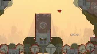 An image from the game "Super Meat Boy", showing a red character jumping towards a pink character.